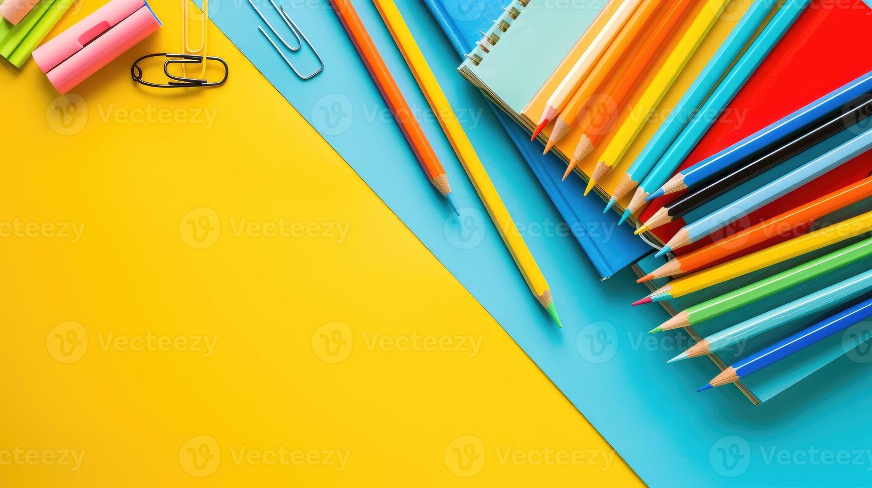 ai gegenereerd dynamisch terug naar school achtergrond met een rangschikking van levendig en kleurrijk potloden, ontsteken opwinding voor aan het leren, ai gegenereerd. foto