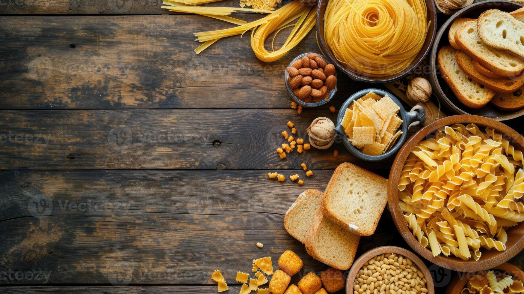 ai gegenereerd top visie van een houten achtergrond presentatie van divers glutenvrij pasta, brood, en hapjes, ai gegenereerd. foto