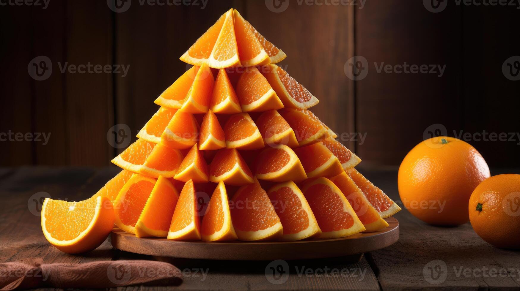 ai gegenereerd piramide van gesneden sinaasappels Aan houten tafel, bevorderen natuurlijk, gezond aan het eten. vers vitaliteit, ai gegenereerd. foto