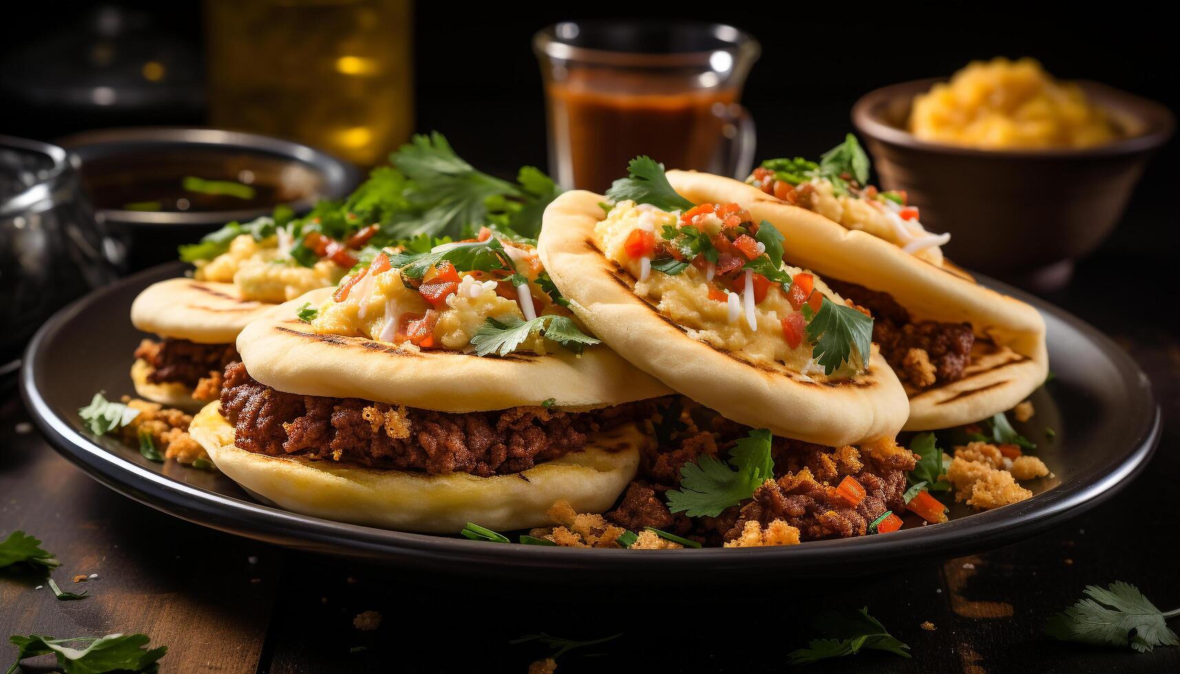 ai gegenereerd gegrild rundvlees taco met guacamole, versheid Aan een houten tafel gegenereerd door ai foto