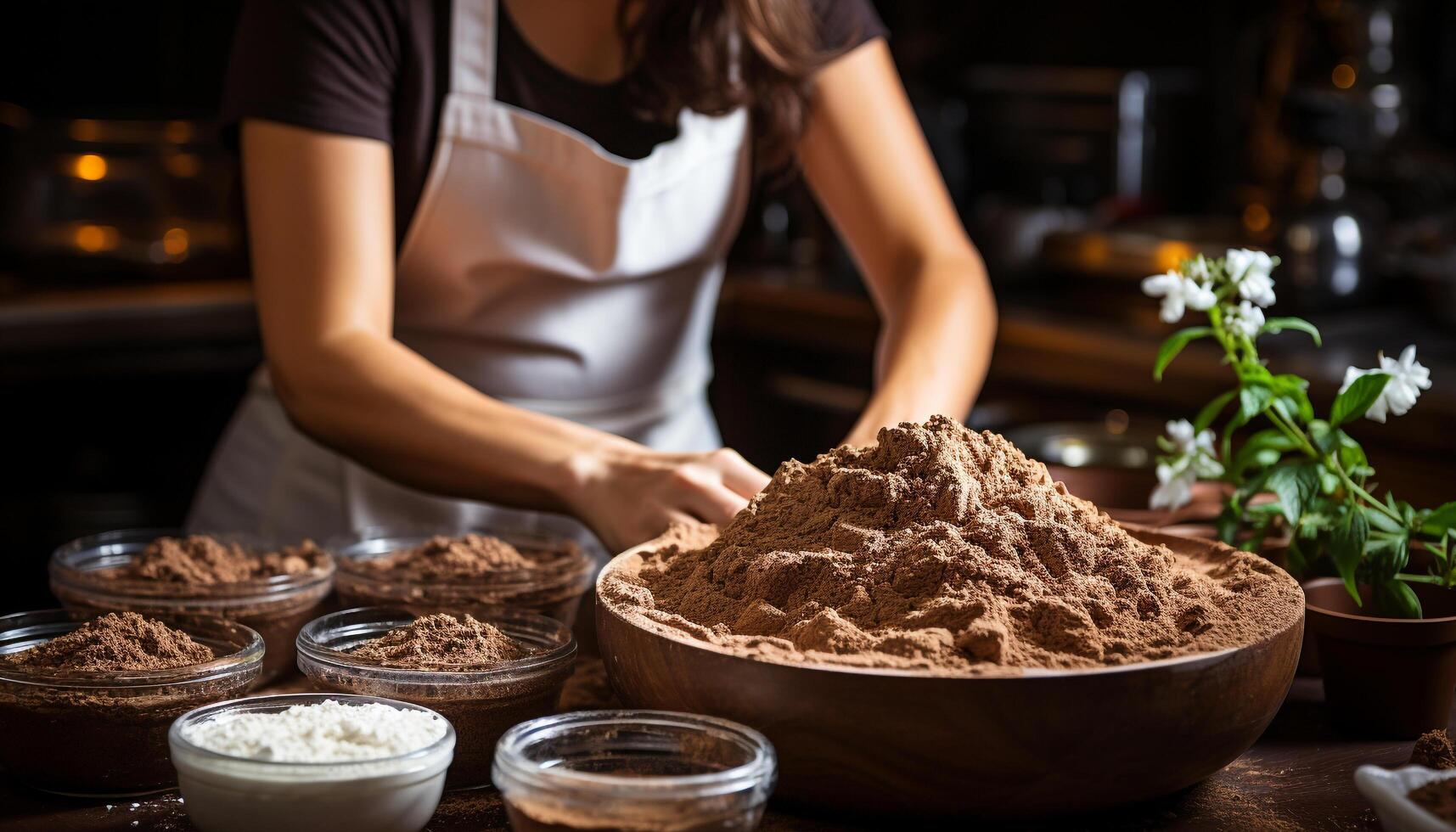 ai gegenereerd een vrouw bakken eigengemaakt chocola nagerecht, glimlachen binnenshuis gegenereerd door ai foto