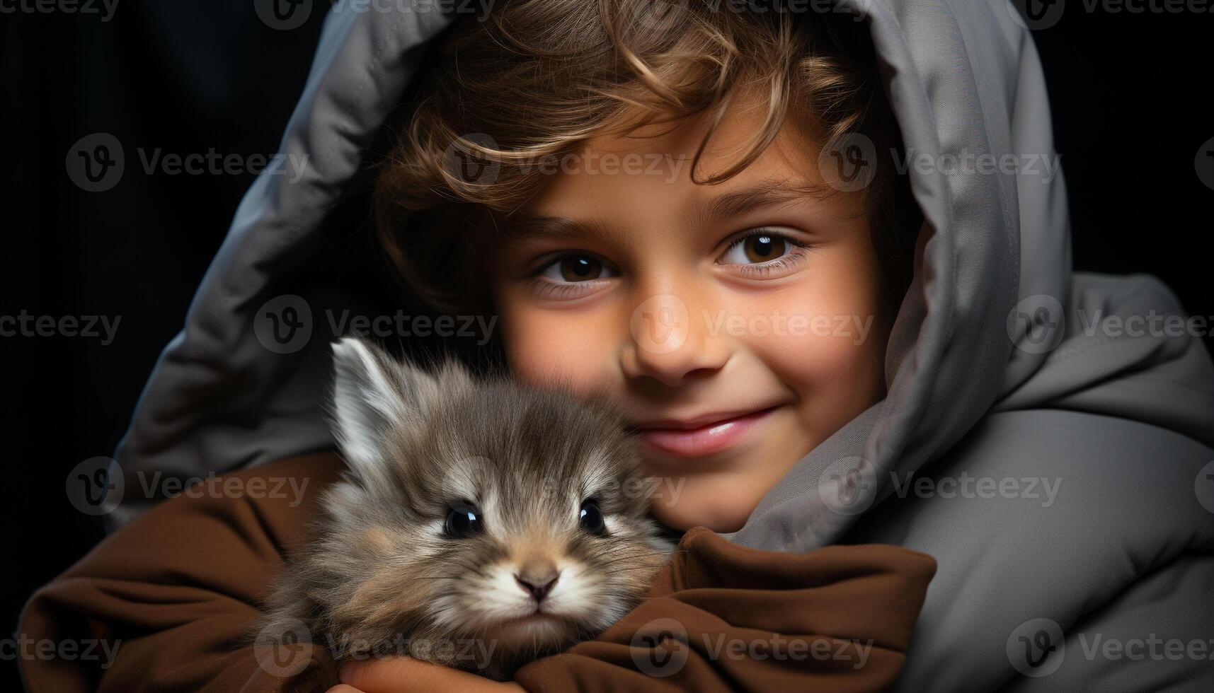 ai gegenereerd schattig kind huisdieren klein dier, lachend, op zoek Bij camera gegenereerd door ai foto