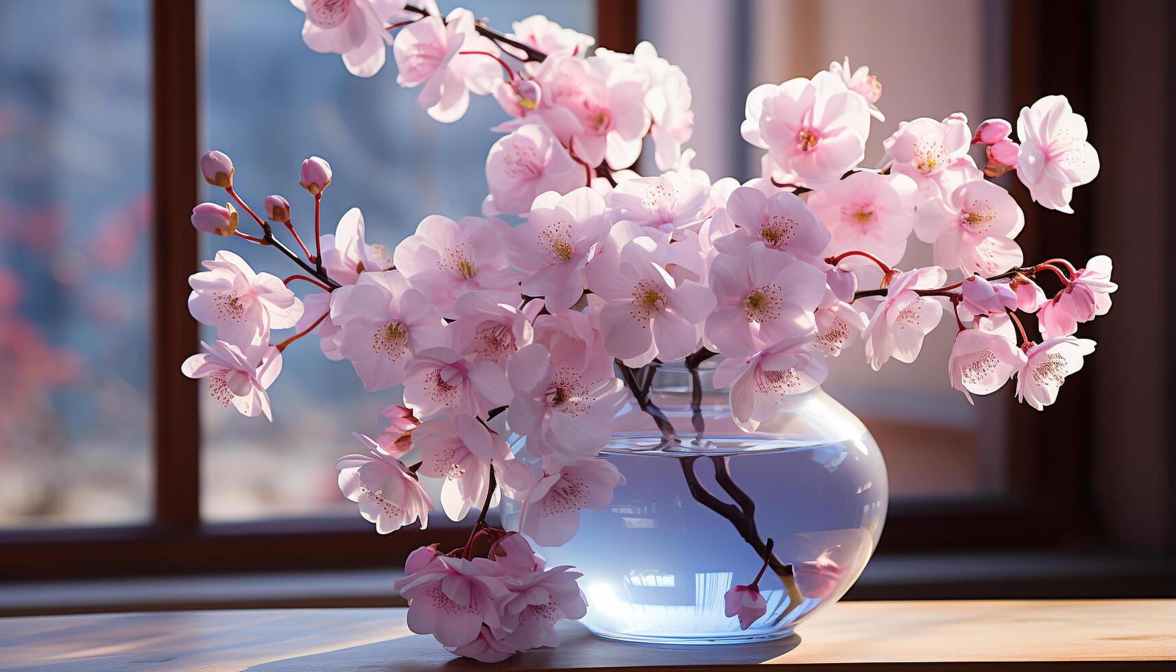 ai gegenereerd versheid van lente roze bloesems versieren natuur venster gegenereerd door ai foto