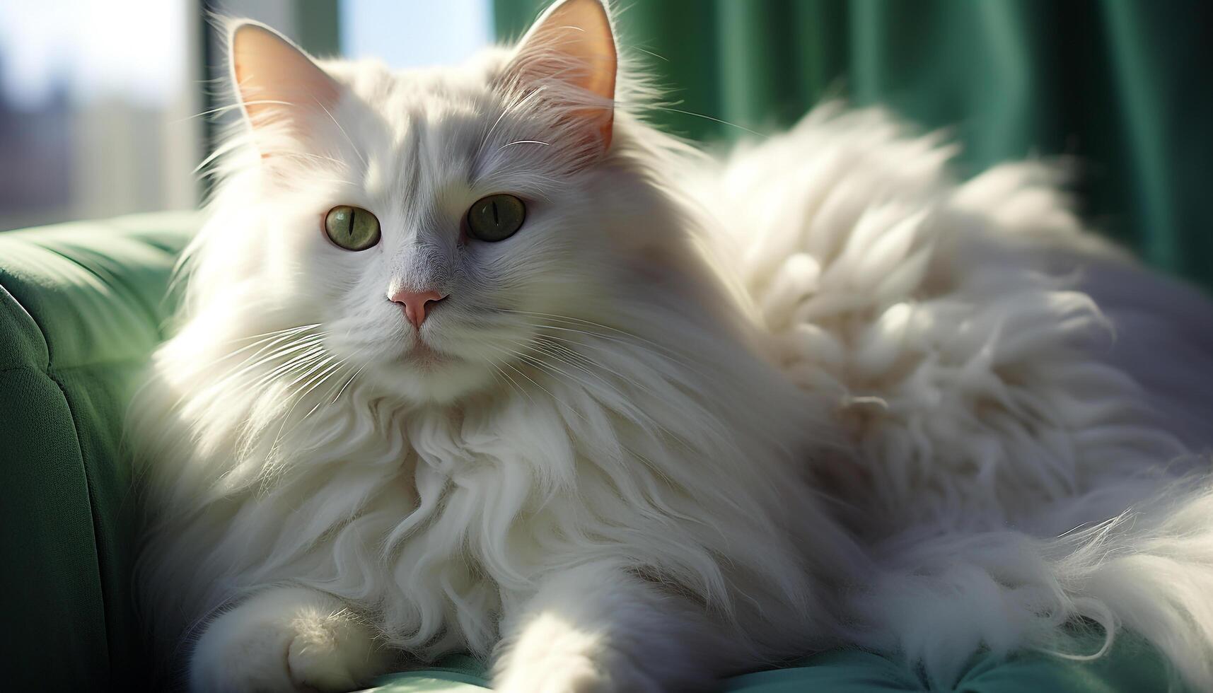 ai gegenereerd schattig huiselijk kat op zoek Bij camera, pluizig katje resting buitenshuis gegenereerd door ai foto