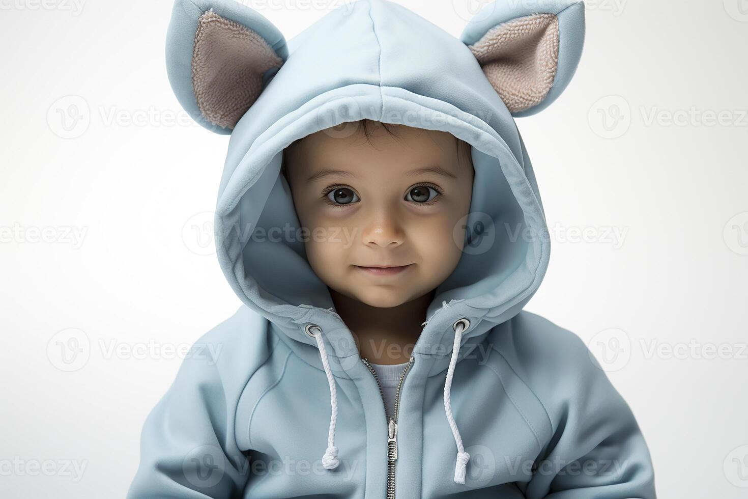 ai gegenereerd portret van een baby kind vervelend een blauw konijn kostuum Aan geïsoleerd achtergrond foto