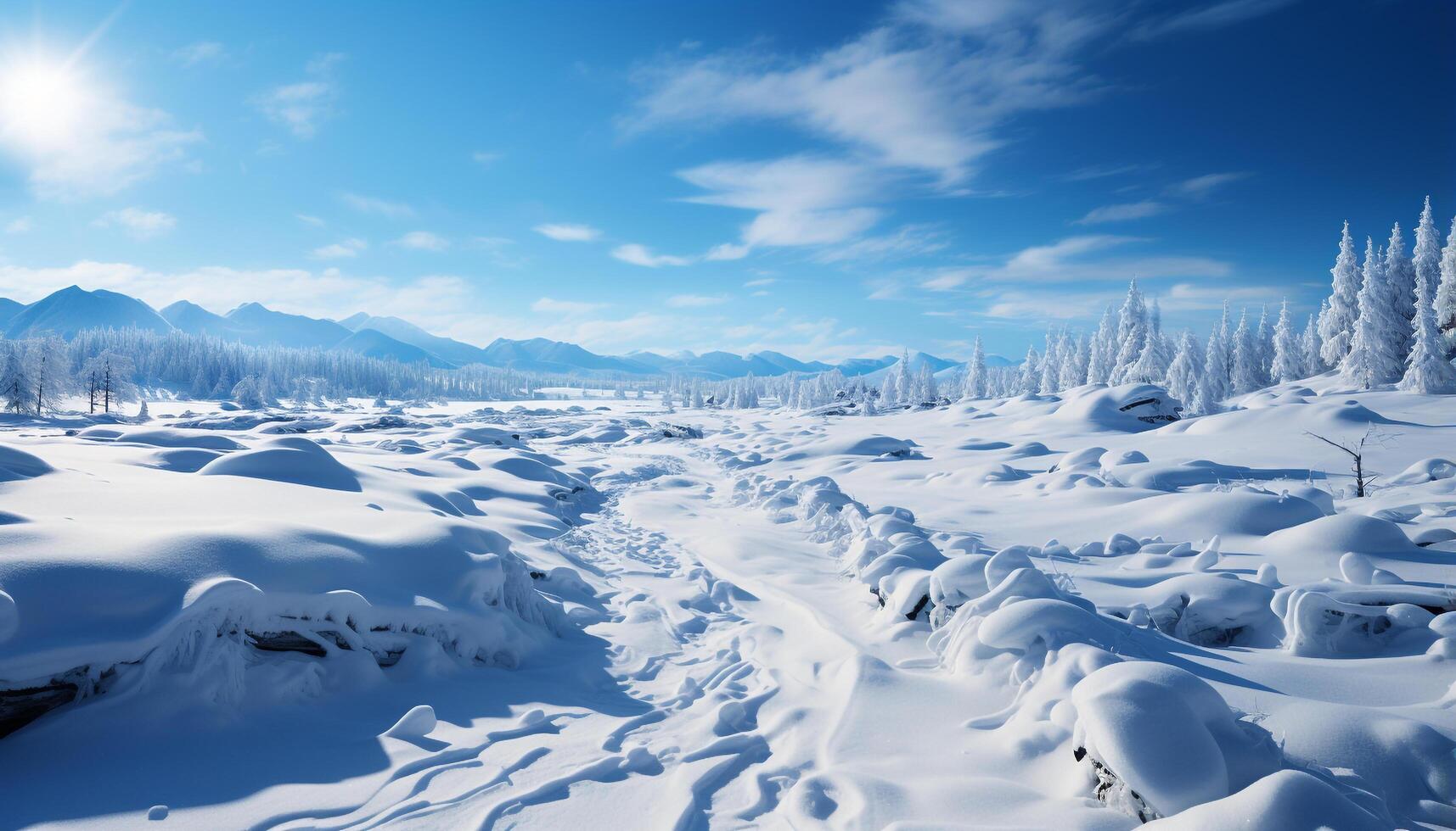 ai gegenereerd winter berg landschap blauw lucht, bevroren boom, rustig tafereel gegenereerd door ai foto