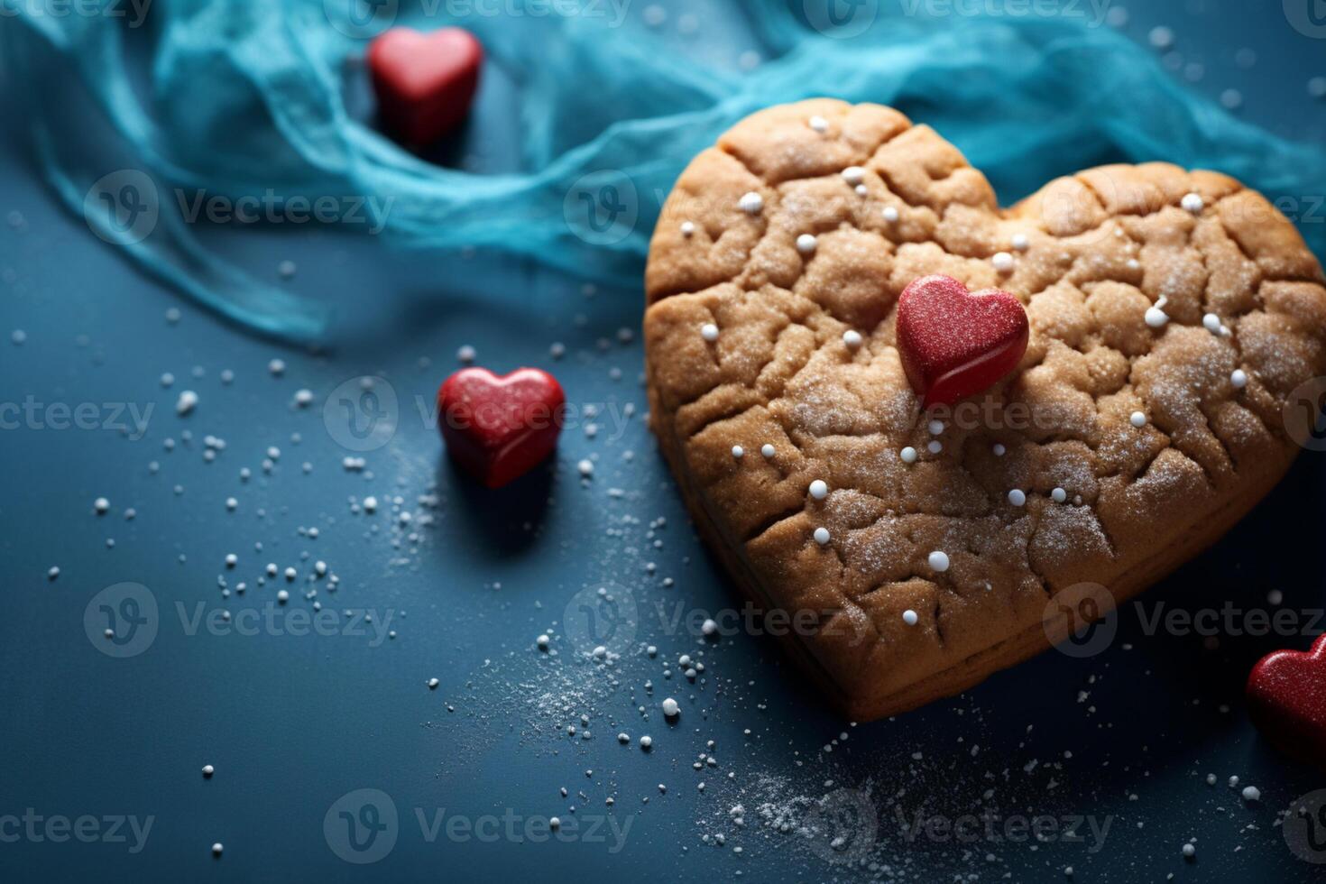 ai gegenereerd koekje liefde hart vormig traktatie met suikerglazuur Aan een donker blauw achtergrond foto