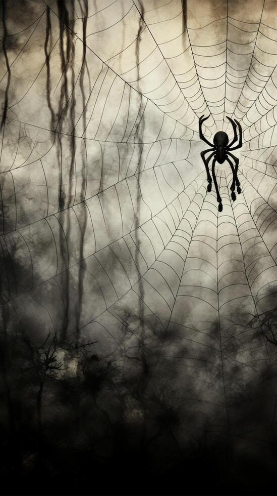 ai gegenereerd spookachtig elegantie grunge spin web Aan mistig achtergrond voor halloween verticaal mobiel behang foto