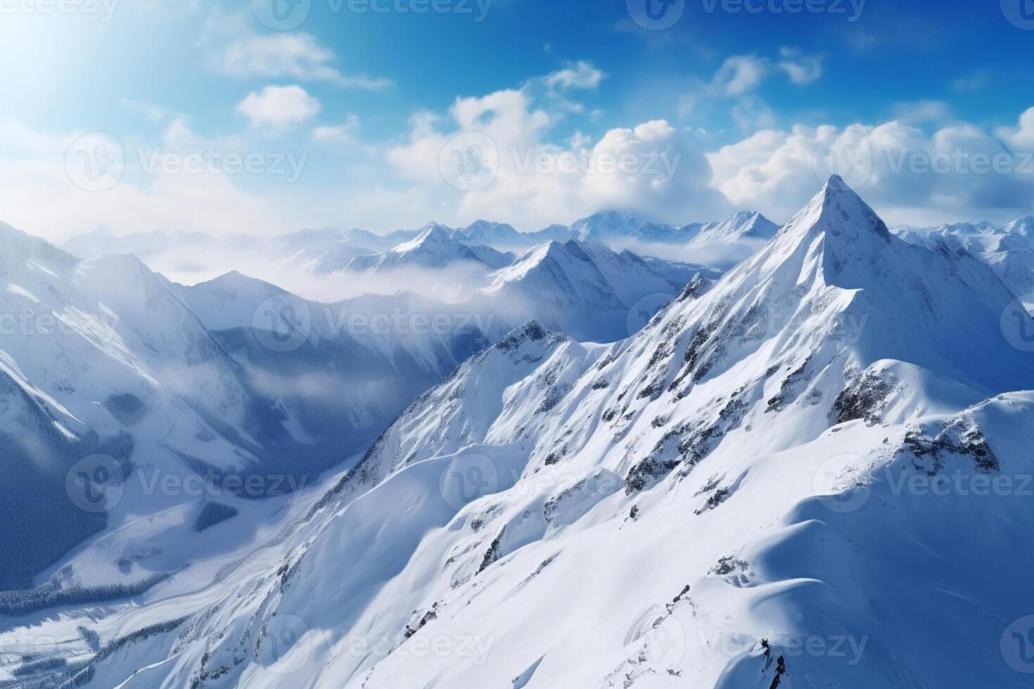 ai gegenereerd winter zich afvragen sneeuw gedekt bergen in een top visie panoramisch tafereel foto