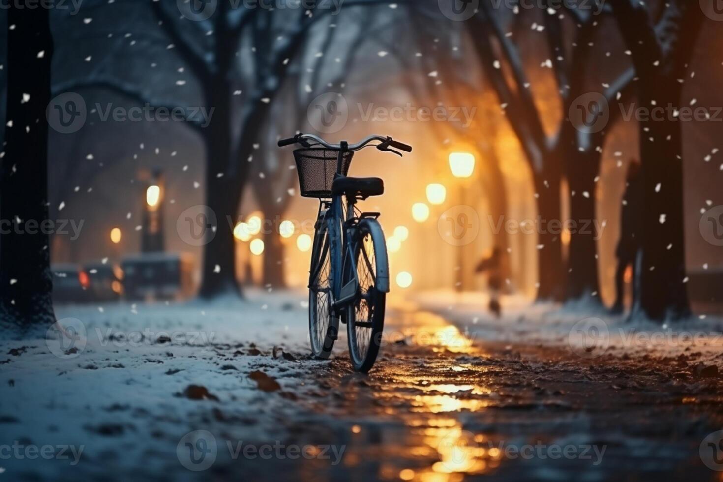 ai gegenereerd winter nacht rijden fiets in park met sneeuwval sfeer foto