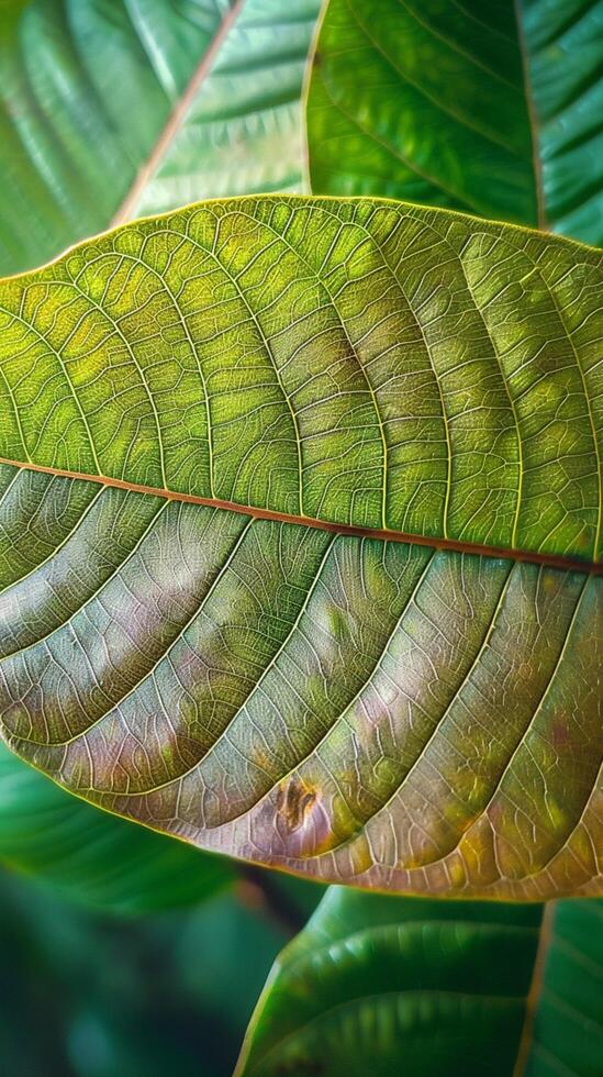 ai gegenereerd jong bruin mango bladeren creëren een mooi natuur achtergrond verticaal mobiel behang foto