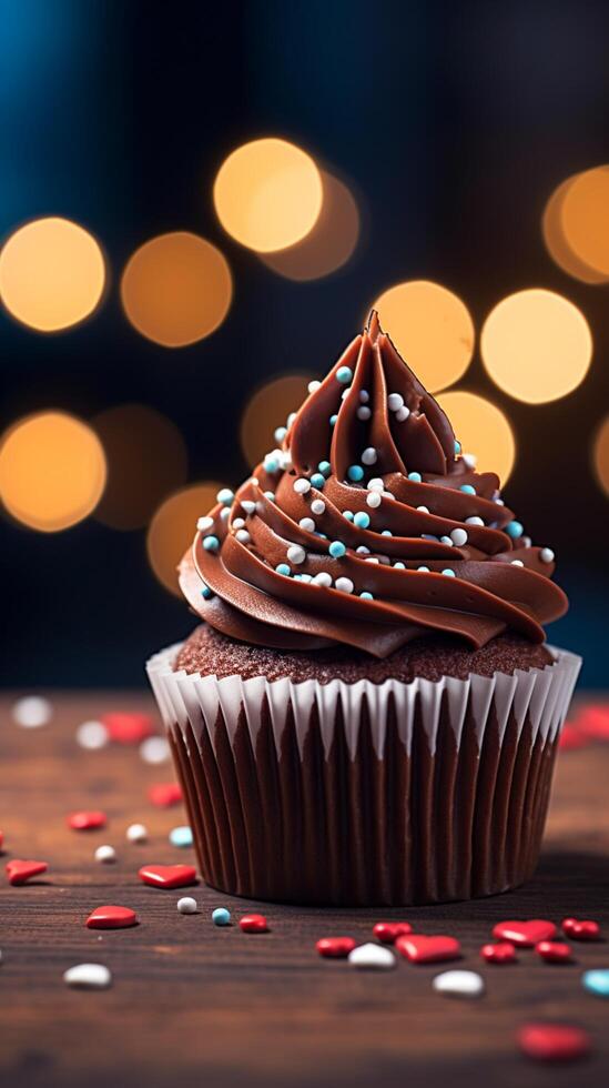 ai gegenereerd chocola verleiding koekje Aan houten tafel met hart vormig bokeh verticaal mobiel behang foto