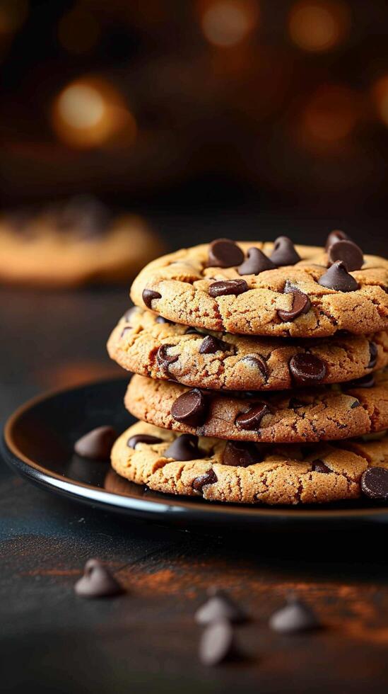 ai gegenereerd toegeeflijk traktatie heerlijk chocola spaander koekjes tegen donker backdrop verticaal mobiel behang foto