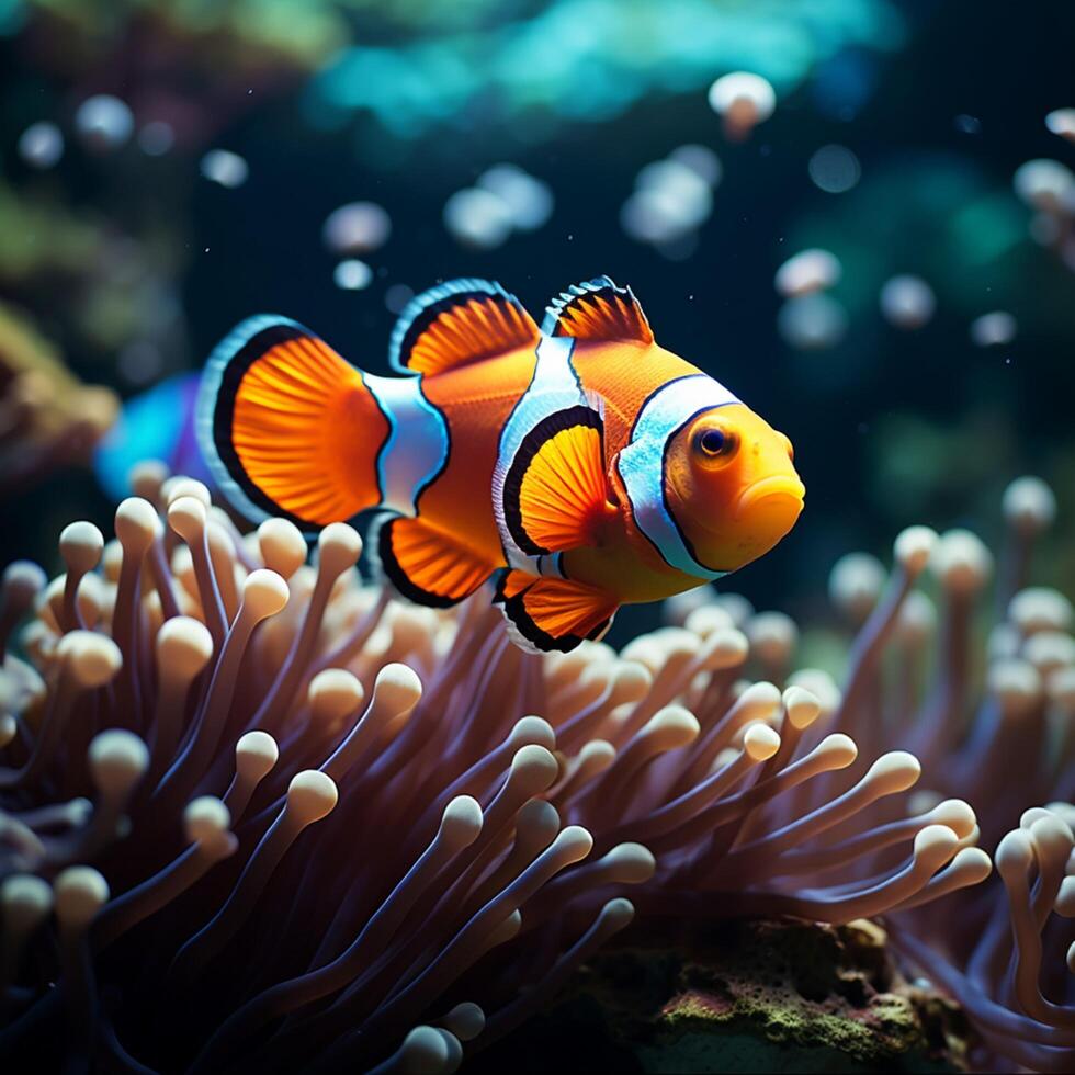 ai gegenereerd onderwater- magie clown vis onderzoeken een levendig, kleurrijk koraal rif voor sociaal media post grootte foto