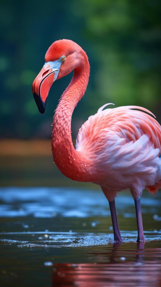 ai gegenereerd water ballet dichtbij omhoog van een mooi roze flamingo Aan een meer verticaal mobiel behang foto