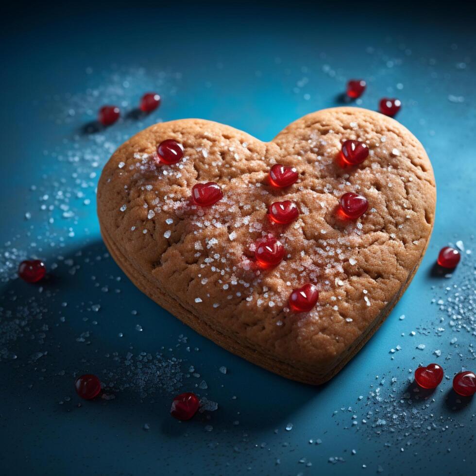 ai gegenereerd gebakken genegenheid hart vormig koekje met rood hart Aan blauw backdrop voor sociaal media post grootte foto