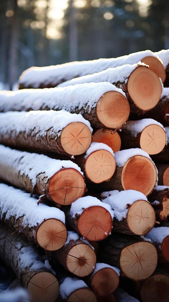 ai gegenereerd bos- sneeuw stapel van besnoeiing pijnboom boom boomstammen in winter verticaal mobiel behang foto