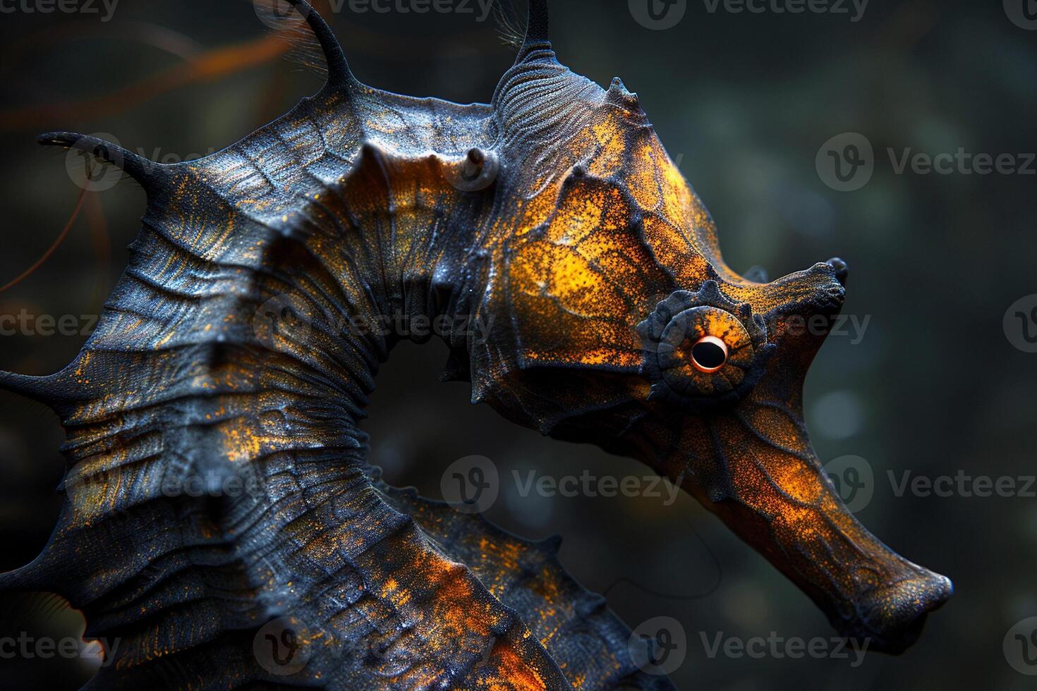 ai gegenereerd extreem macro schot van zeepaardje. zwart met oranje tinten. schoonheid van natuur. aarde dag. ai gegenereerd foto