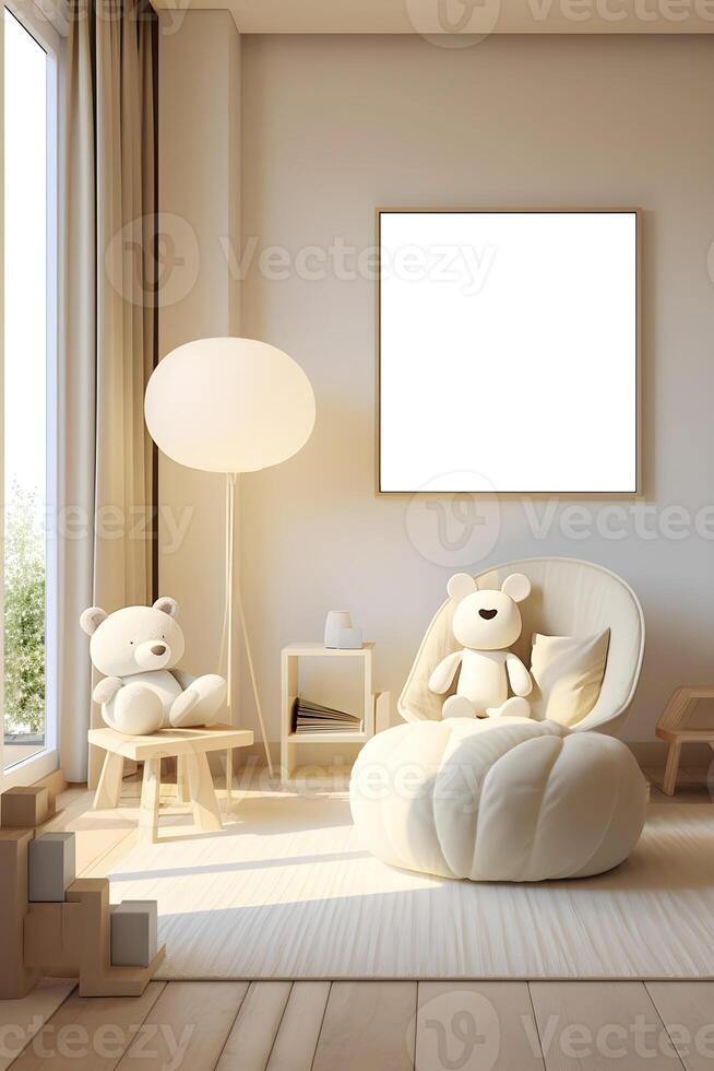 ai gegenereerd kader mockup van een schilderij in licht baby's kamer met de venster. ai gegenereerd foto