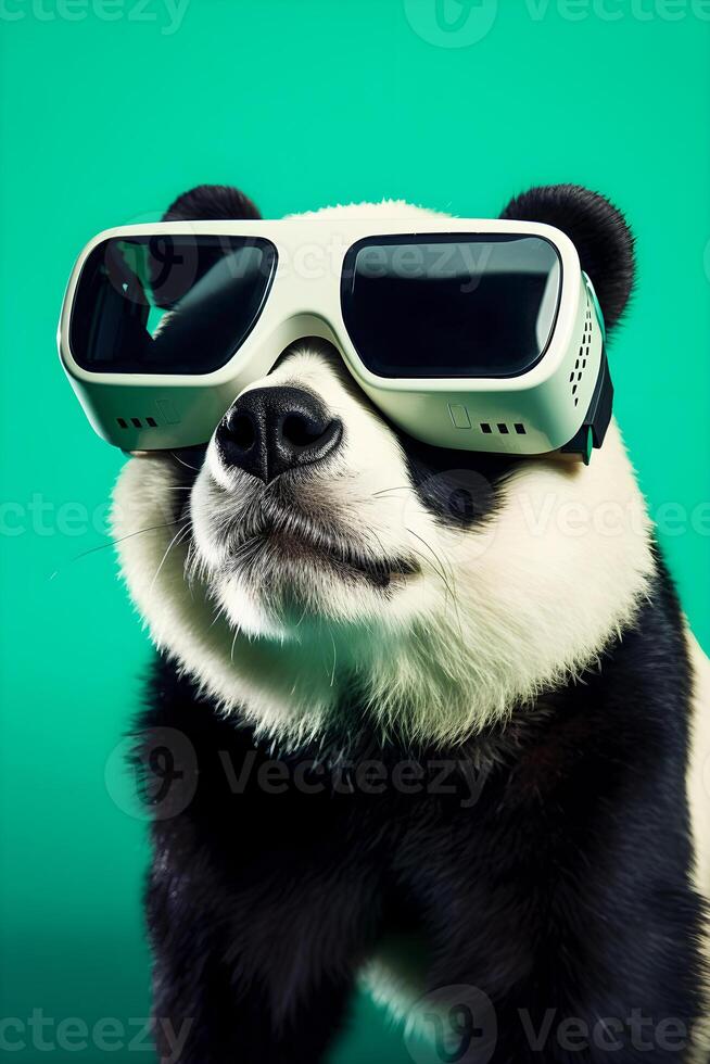 ai gegenereerd gelukkig panda in virtueel realiteit bril Aan een groen achtergrond. creatief portret. ai gegenereerd foto