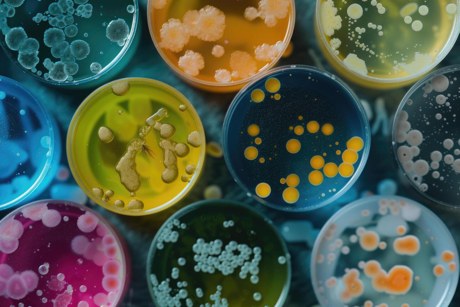 ai gegenereerd Petri gerechten met bacterieel kolonies cultuur Aan agar borden in laboratorium foto