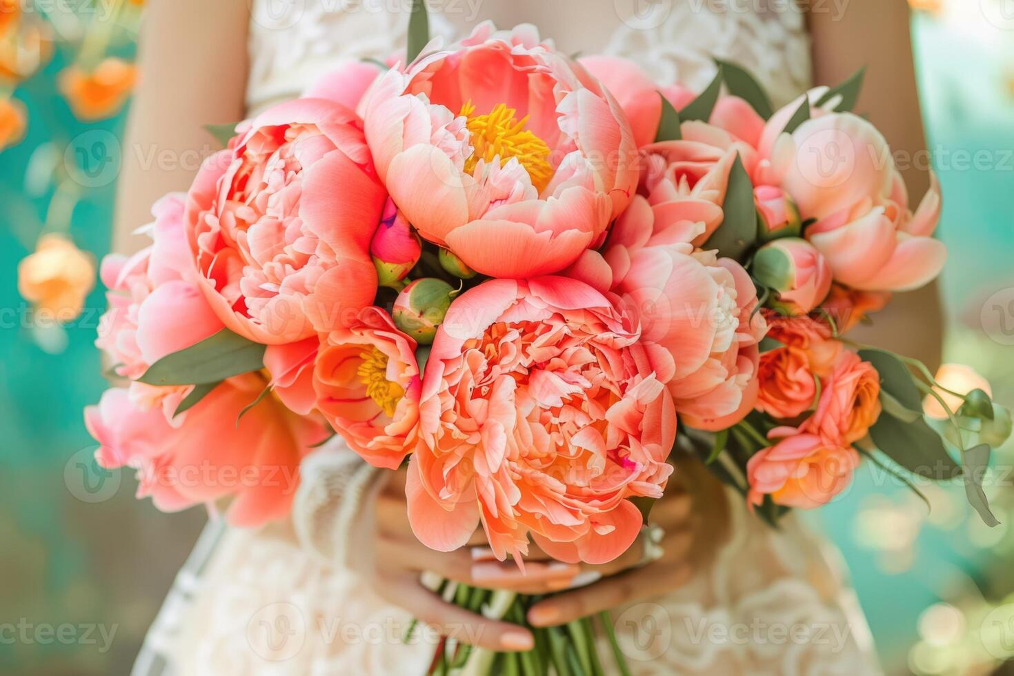 ai gegenereerd dichtbij omhoog vrouw handen Holding boeket van roze pioen bloemen foto