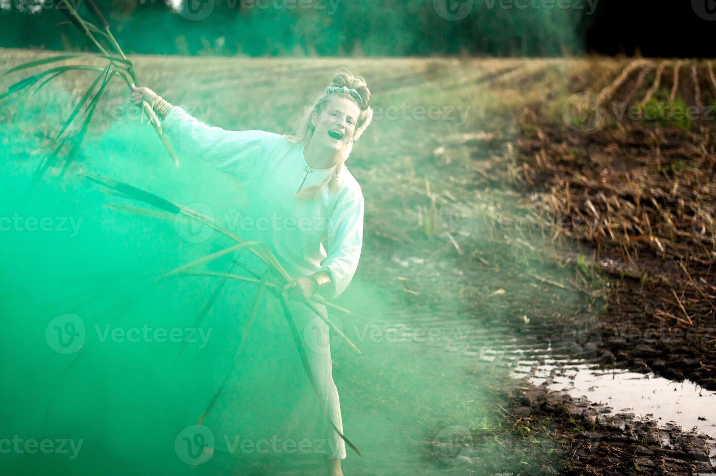 vrolijk jong vrouw met riet dansen in gekleurde rook in een veld- foto