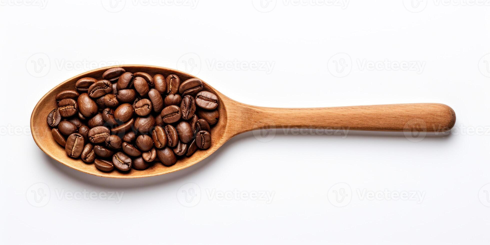 ai gegenereerd geroosterd koffie zaden hoop in houten lepel Aan wit achtergrond. top visie van bruin koffie bonen stapel. energie natuurlijk drankje. foto