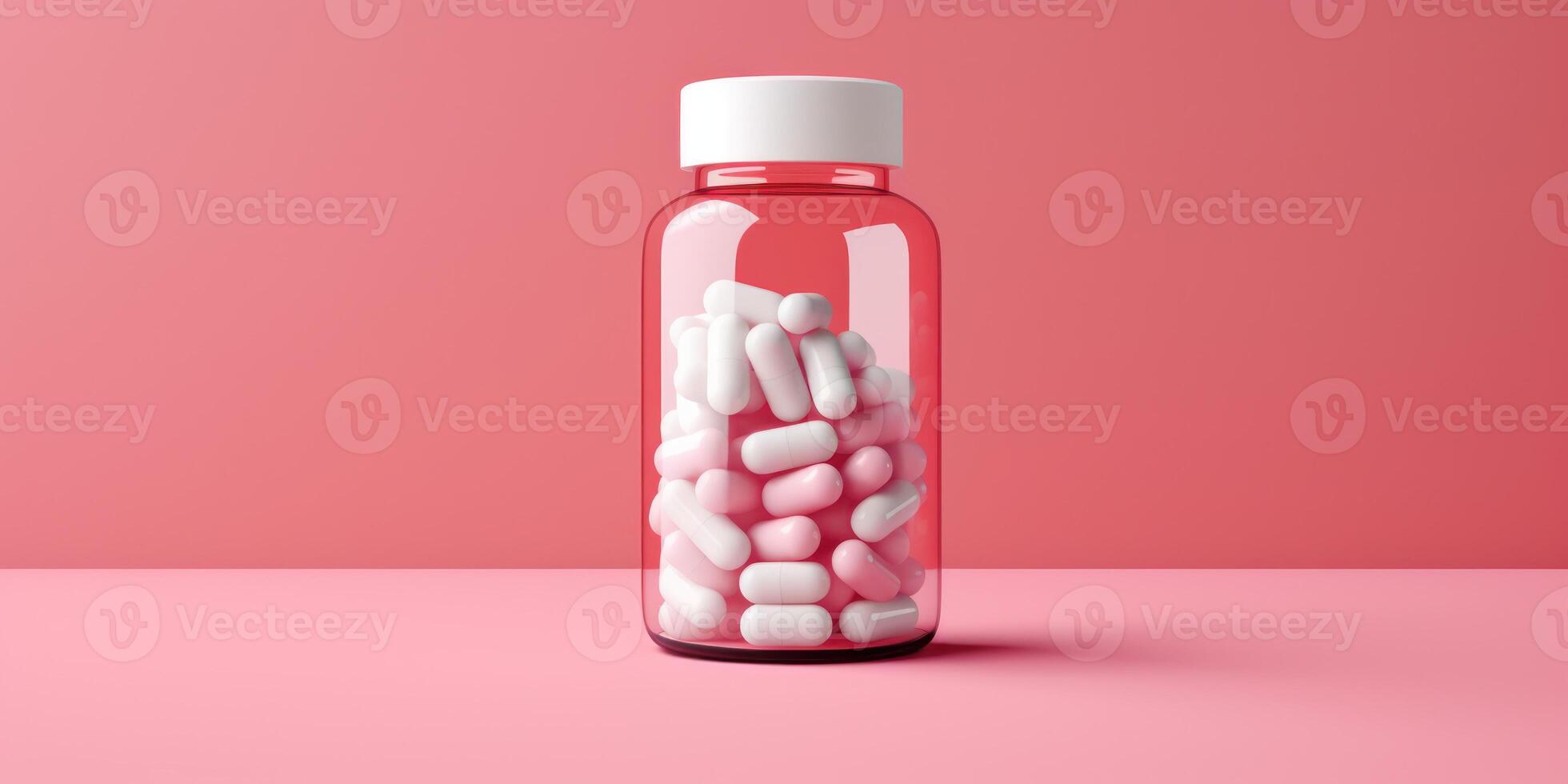 ai gegenereerd pillen in plastic transparant pot Aan roze achtergrondgeluid. glas fles van capsules. gewicht verlies supplement. geneeskunde en Gezondheid foto