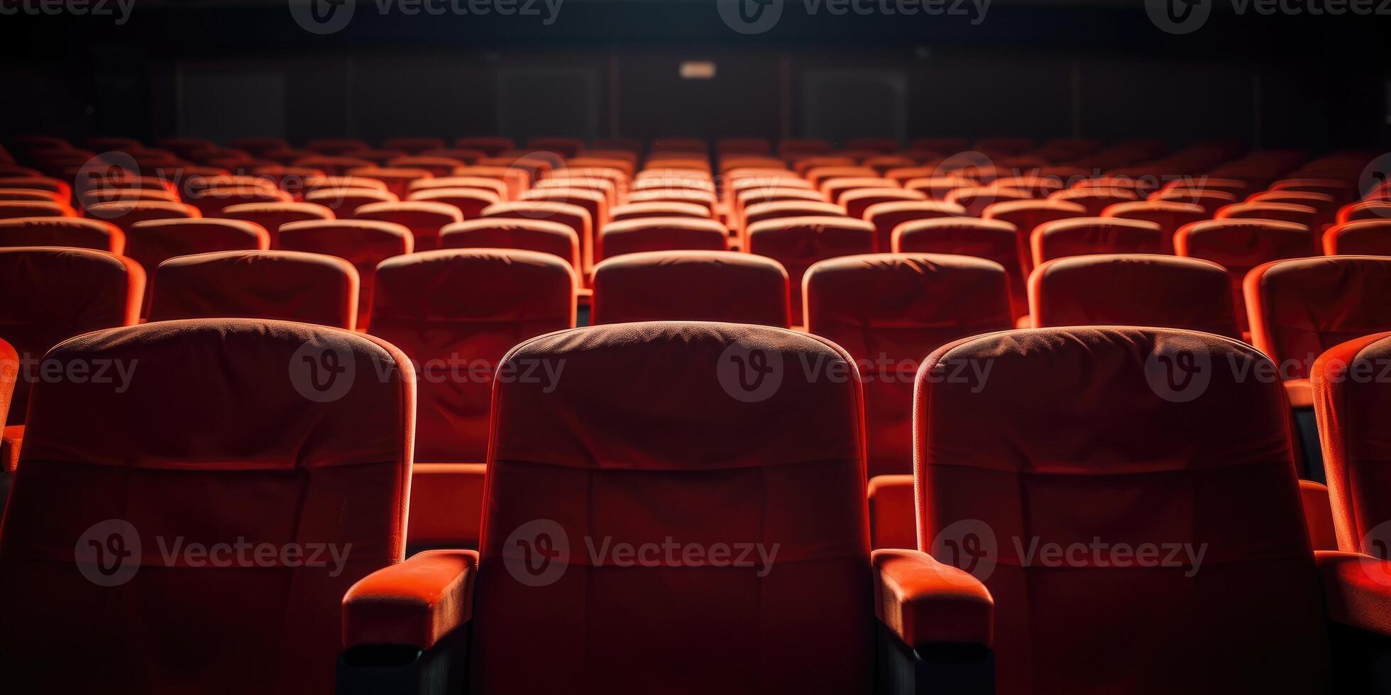 ai gegenereerd hartelijk lit rood fluweel stoelen in een intiem film theater instelling. dichtbij omhoog visie van rood stoelen in rijen. voorkant visie. generatief ai foto