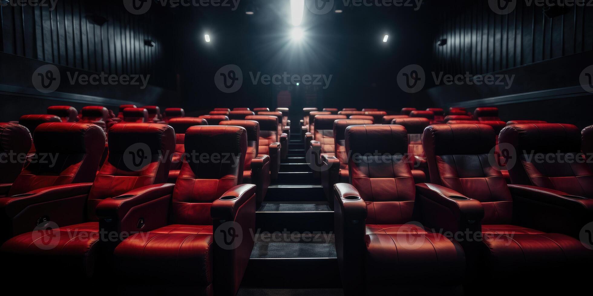 ai gegenereerd leer rood bioscoop stoelen in rijen met projector. voorkant visie van modern rood film stoelen. voorkant visie. generatief ai foto