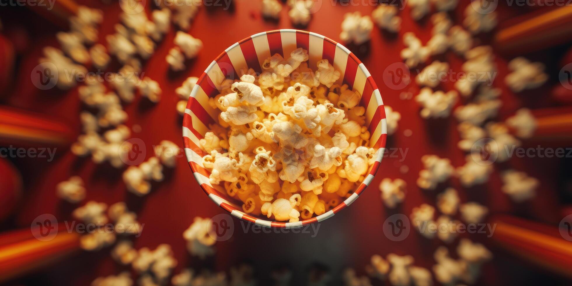 ai gegenereerd top visie van popcorn Aan rood achtergrond. vlak leggen van knal maïs in rood en wit gestreept karton emmer. generatief ai foto