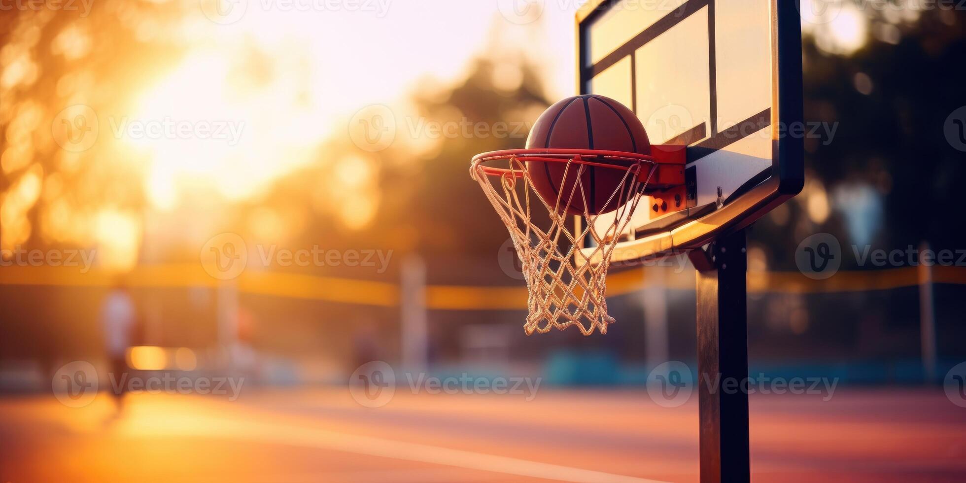 ai gegenereerd basketbal scoren een doel Bij zonsondergang met warm achtergrondverlichting Aan buitenshuis rechtbank. generatief ai foto