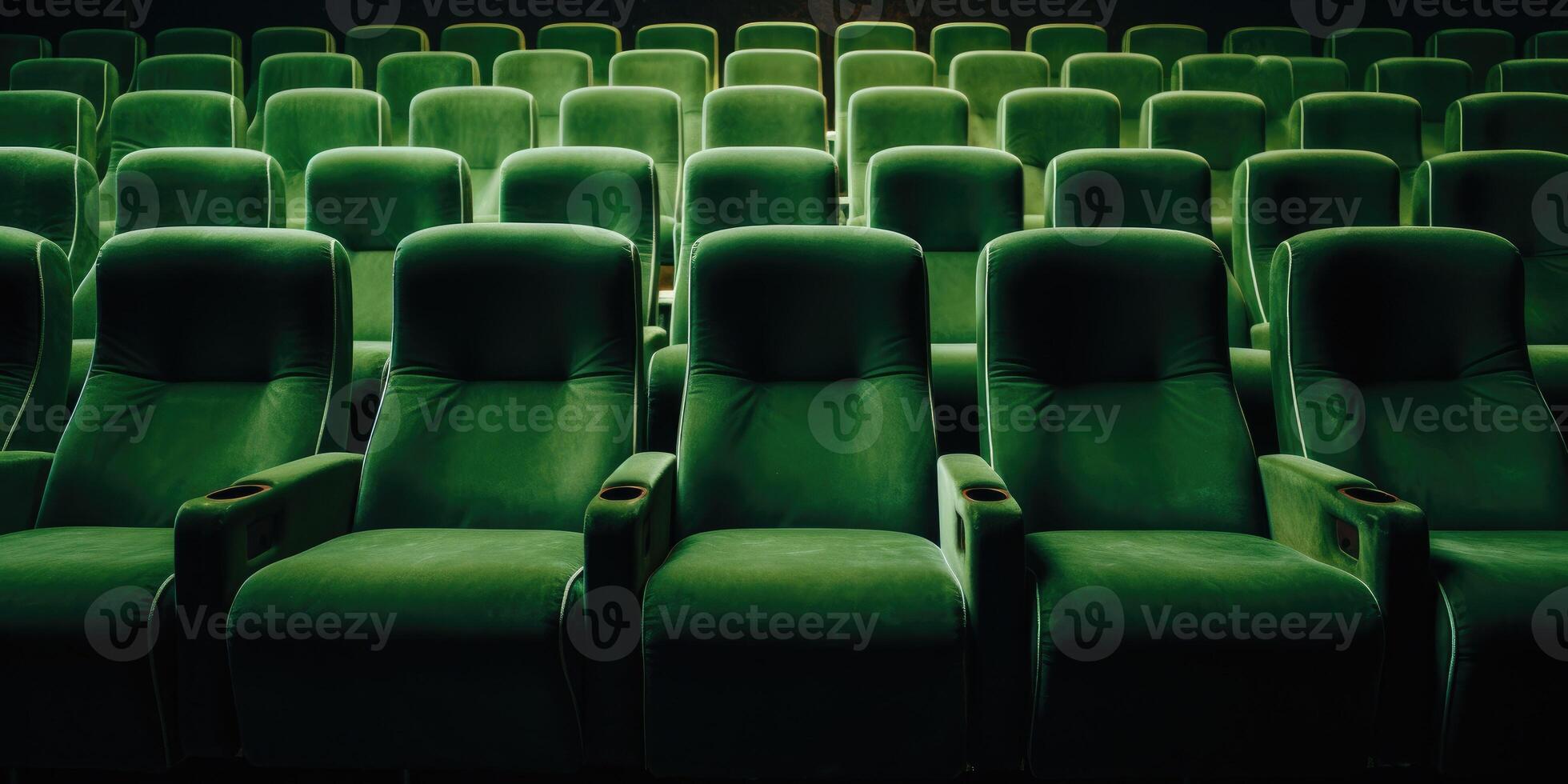 ai gegenereerd fluweel groen theater stoelen geregeld in rijen met zacht verlichting. voorkant visie van wijnoogst groen stoelen in bioscoop. generatief ai foto