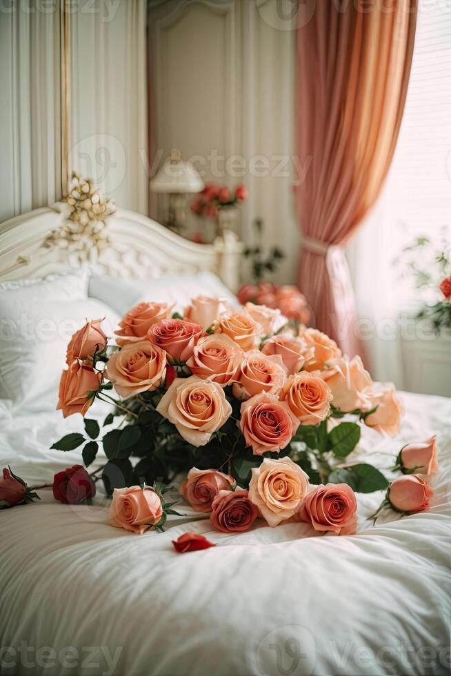 ai gegenereerd een boeket van thee rozen leugens Aan een wit bed in een helder slaapkamer. een geschenk voor uw geliefde, Valentijnsdag dag, verjaardag, datum. kopiëren ruimte. ai gegenereerd foto