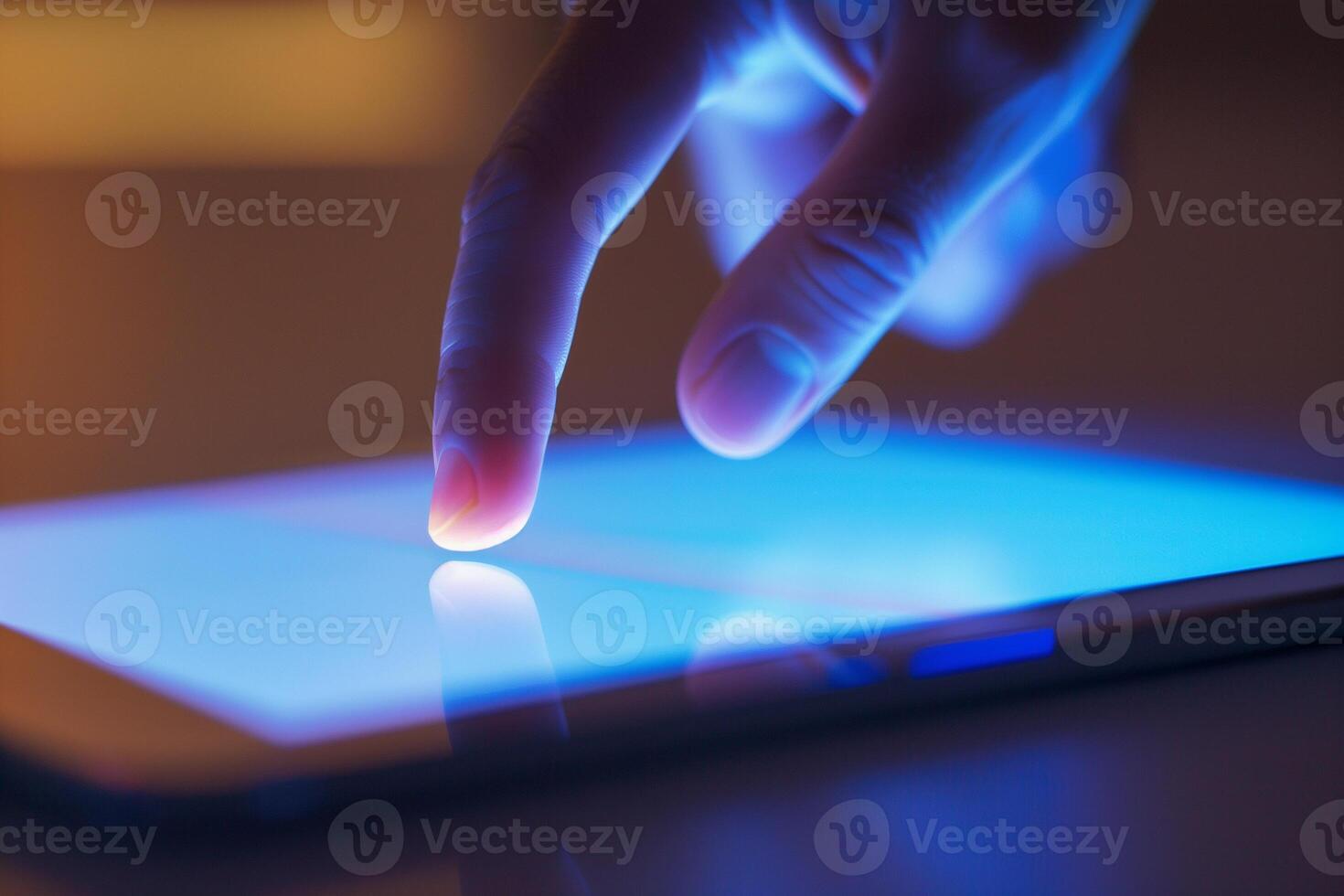ai gegenereerd een detailopname menselijk vinger aanraken een tablet scherm foto