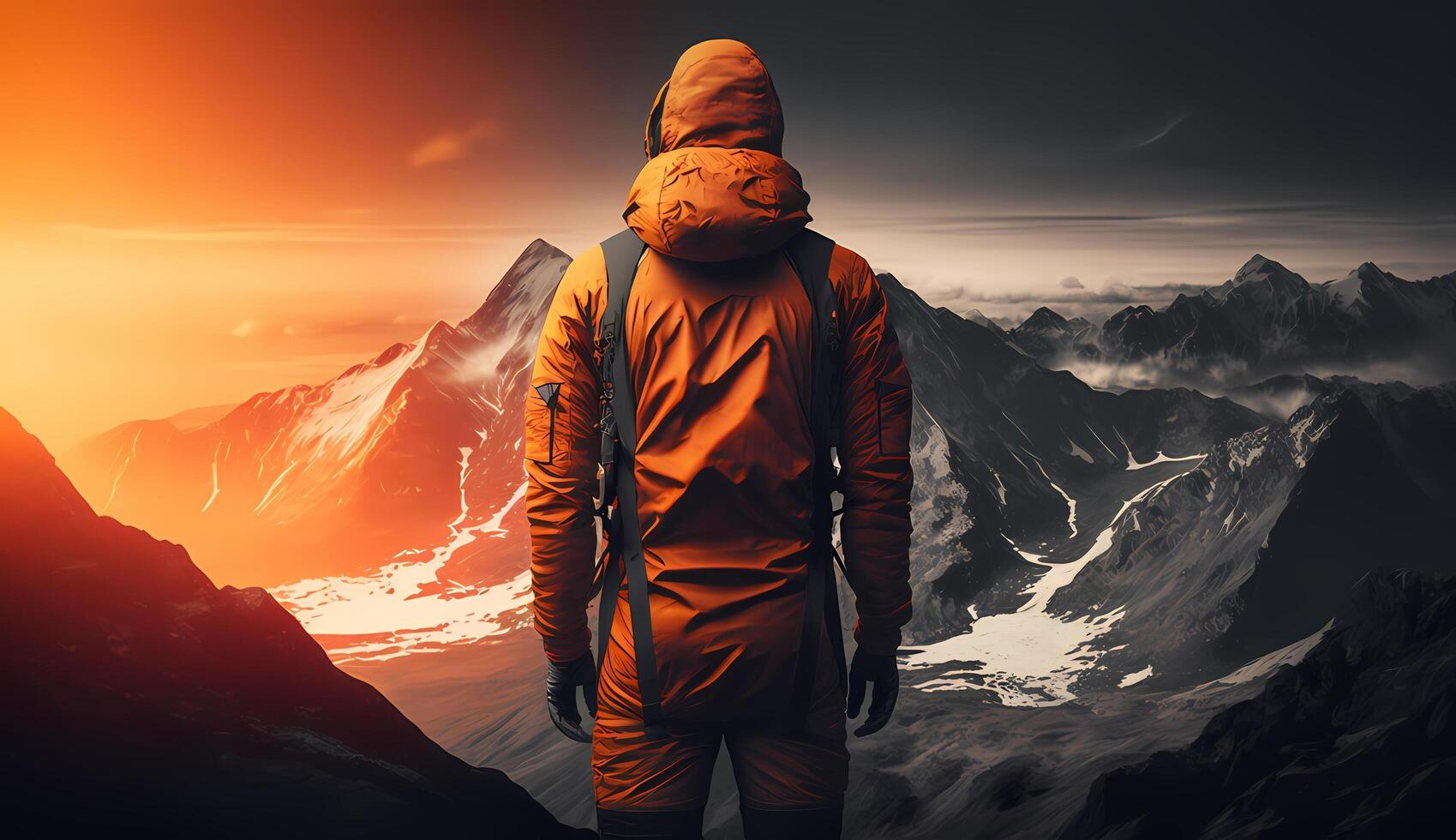 ai gegenereerd wandelaar vervelend een oranje jasje staat Aan een klif aan het kijken de zonsondergang. foto