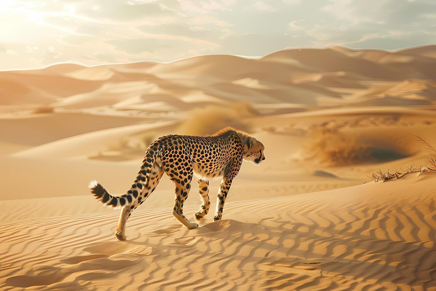 ai gegenereerd een Jachtluipaard is wandelen aan de overkant een zand duin in een woestijn. foto