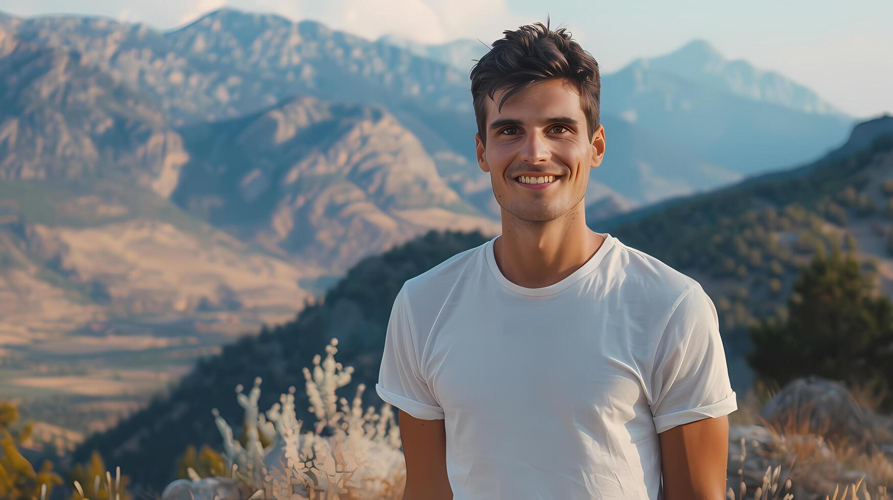 ai gegenereerd mannetje model- met helder glimlach staand buitenshuis Aan een zomer dag. hij droeg een schoon wit t-shirt. en Daar zijn bergen in de achtergrond. foto