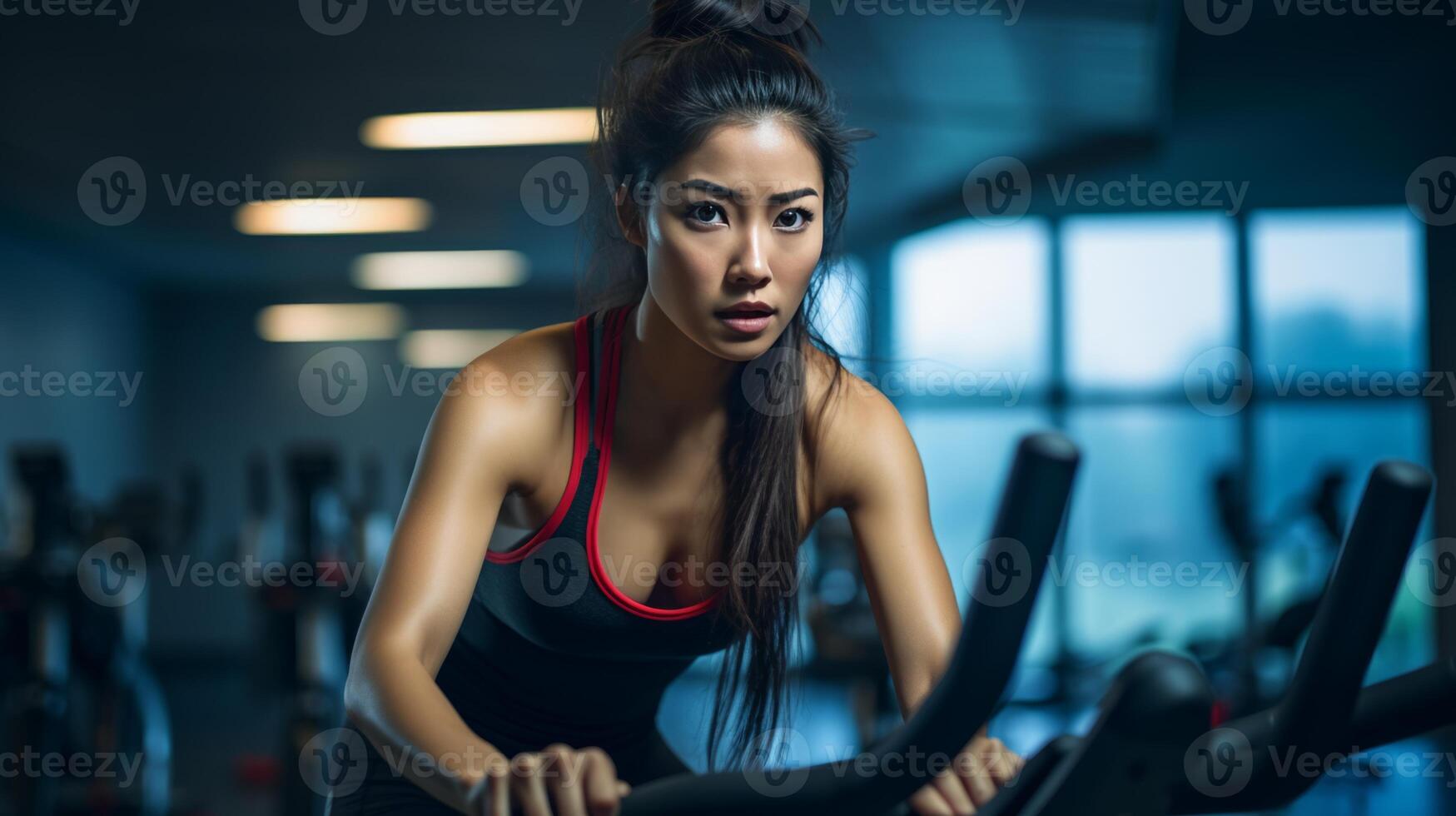 ai gegenereerd jong Aziatisch vrouw werken uit Aan oefening fiets Bij Sportschool. neurale netwerk ai gegenereerd foto