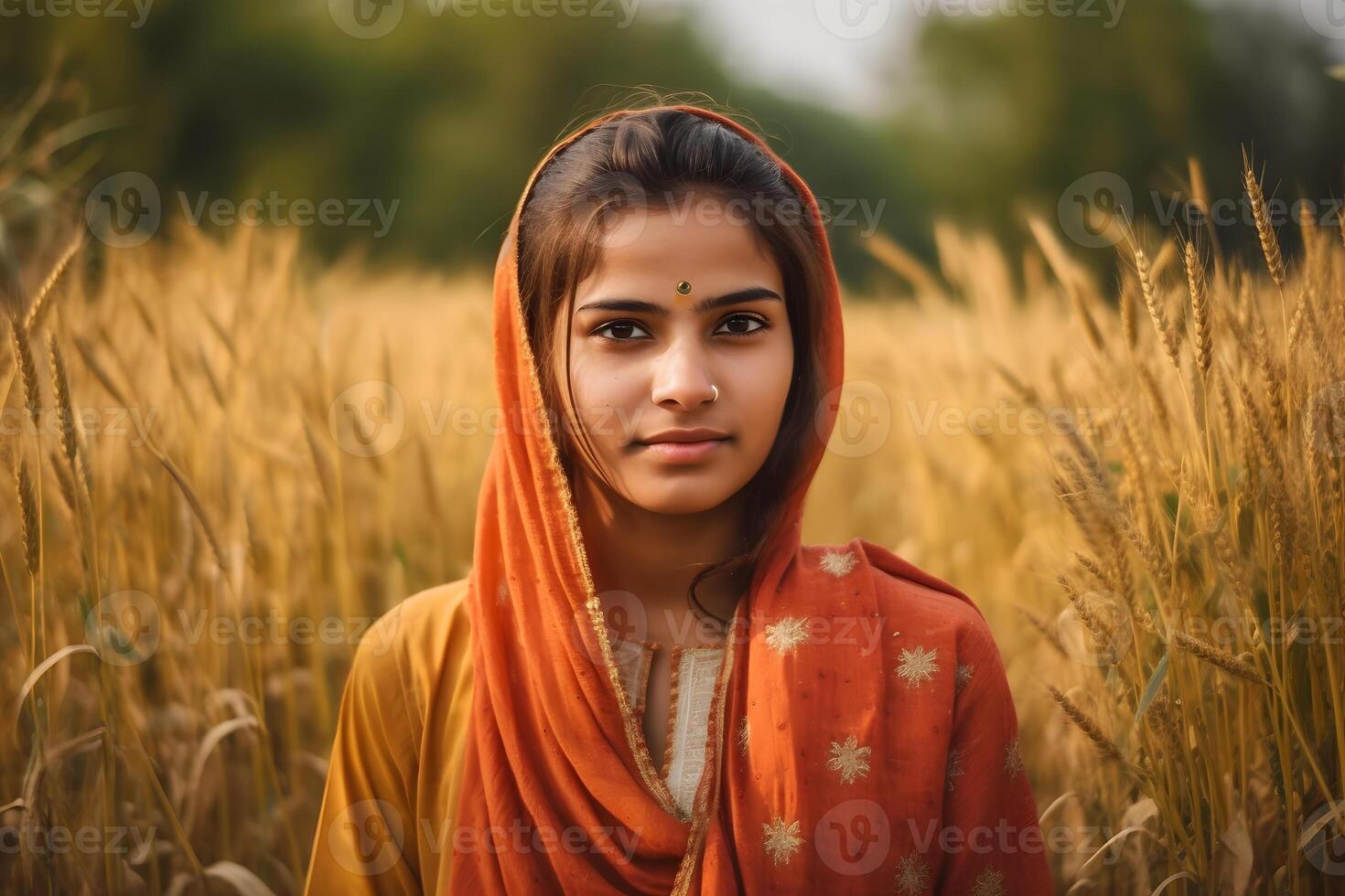 ai gegenereerd portret van een Indisch meisje tegen de achtergrond van aartjes van tarwe. neurale netwerk ai gegenereerd foto