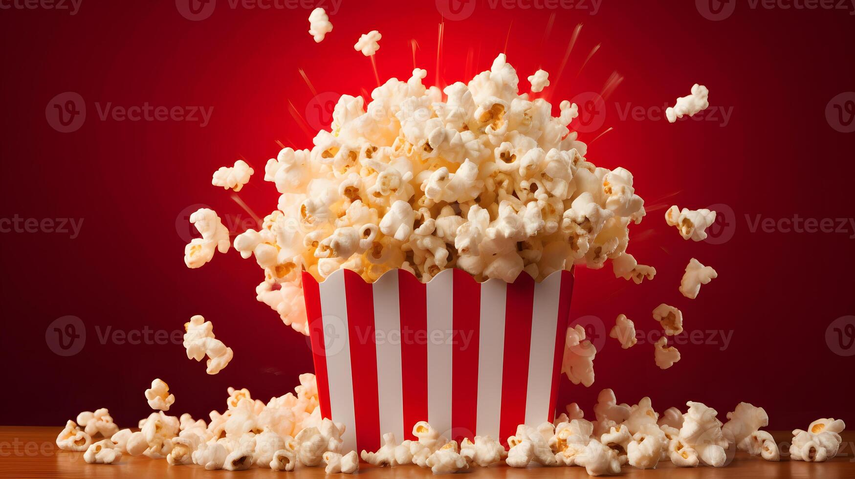 ai gegenereerd gestreept doos met popcorn Aan rood achtergrond. neurale netwerk ai gegenereerd foto