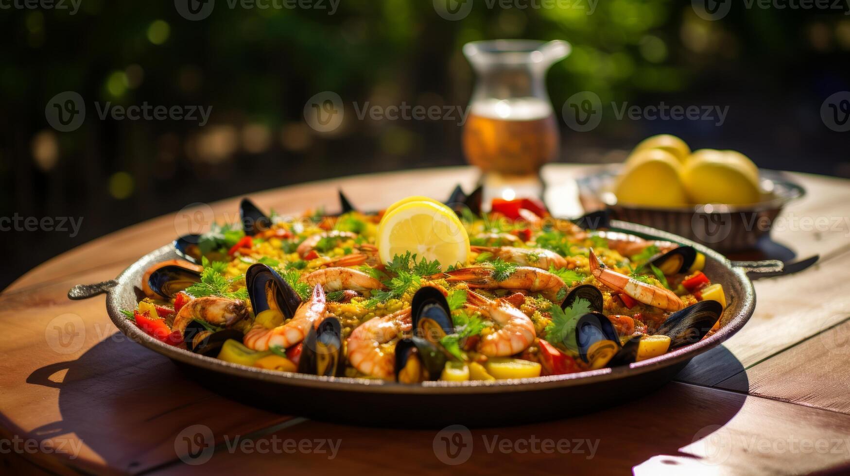 ai gegenereerd typisch Spaans zeevruchten paella in traditioneel pan. neurale netwerk ai gegenereerd foto