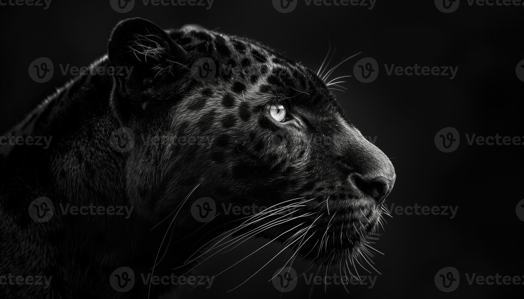 ai gegenereerd zwart behang. zwart luipaard portret Aan een zwart achtergrond. detailopname. foto