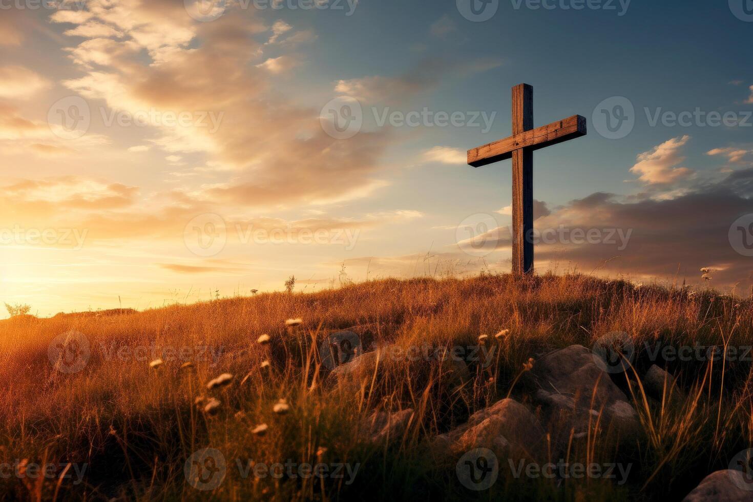 ai gegenereerd religieus kruis Aan de achtergrond van een helder zonsondergang. de concept van religie en vertrouwen. Christendom. generatief ai. foto