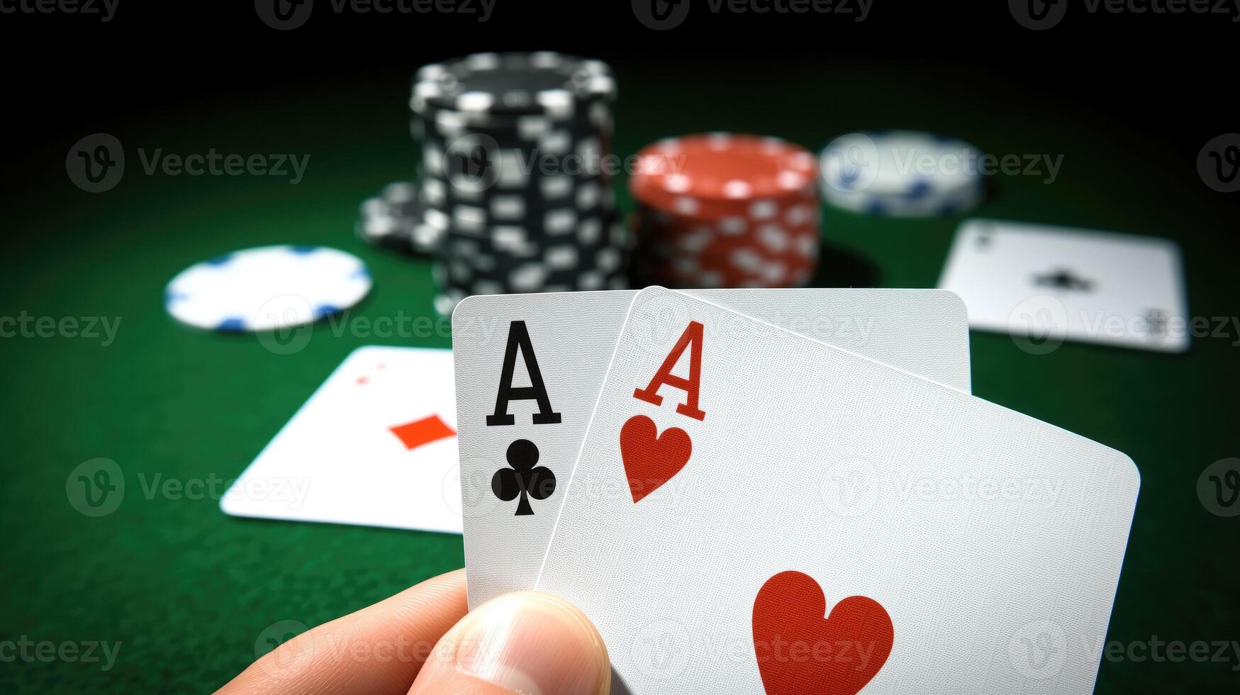 ai gegenereerd twee azen in hand. winnend combinatie in een poker spel. inzet spel in een casino. kopiëren ruimte. horizontaal formaat. foto