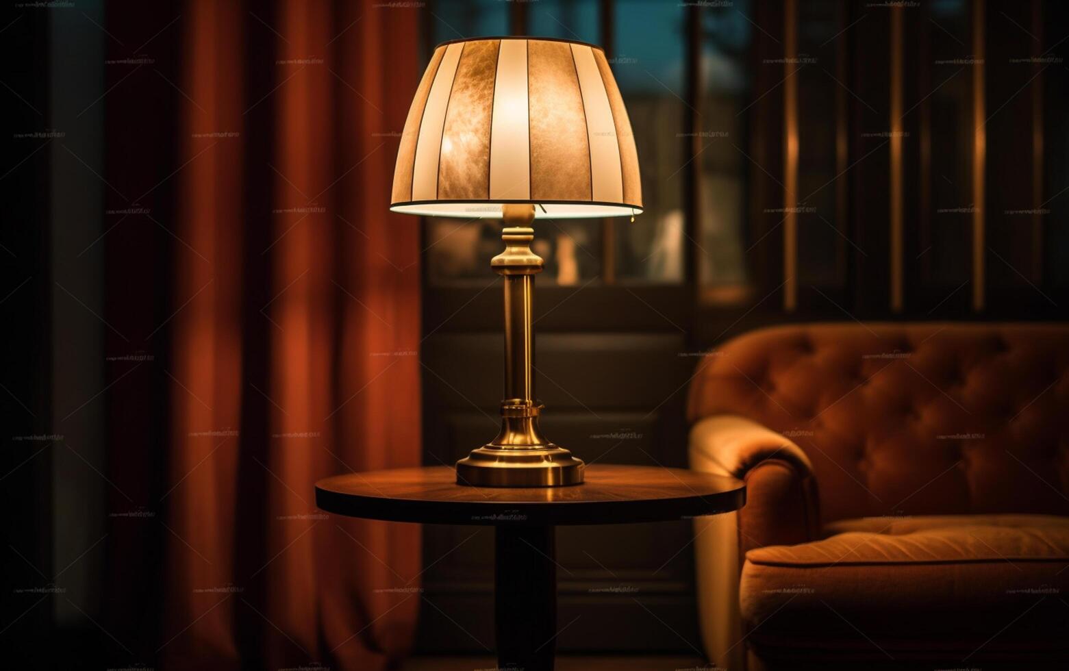 ai gegenereerd een lamp en een stoel in een kamer met een lamp Aan de muur foto