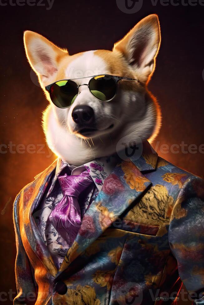 ai gegenereerd hond, corgi gekleed in een elegant modern bloemen pak. mode portret van een antropomorf dier, foto