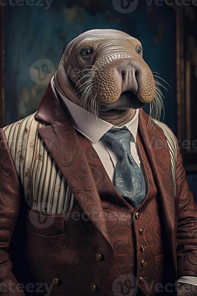 ai gegenereerd walrus gekleed in een elegant modern pak met een mooi hoor binden. mode portret van een antropomorf foto