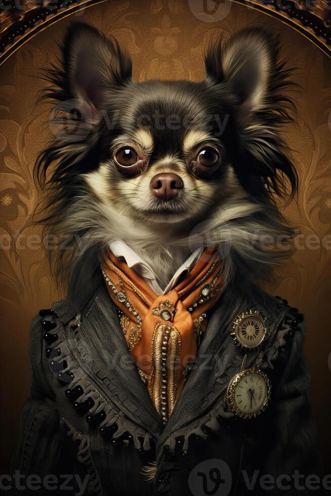 ai gegenereerd hond chihuahua gekleed in een elegant modern pak met een mooi hoor binden. mode portret van een foto